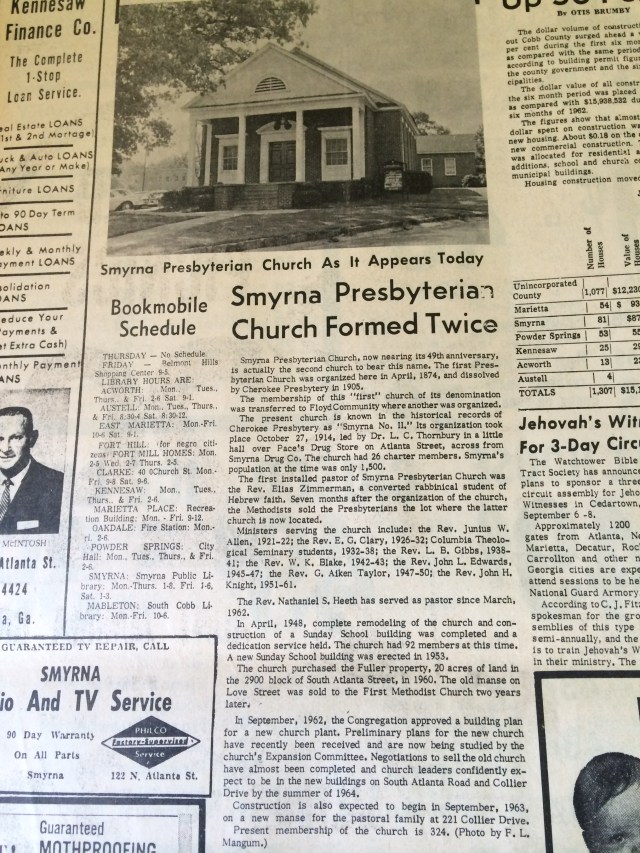 13. Article w: image Smyrna Presbyterian Church Formed Twice' SH, 8-22-63, p. 10bIMG_0721