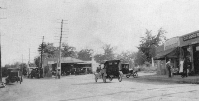 1b. Atlanta Road at Memorial Place in downtown Smyrna, with D.C. Osborne's Service Station in the foreground, c. 1915