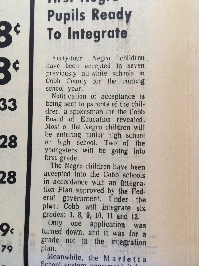 86. Integration of Cobb County schools begins SH, 8--5-65, p. 9