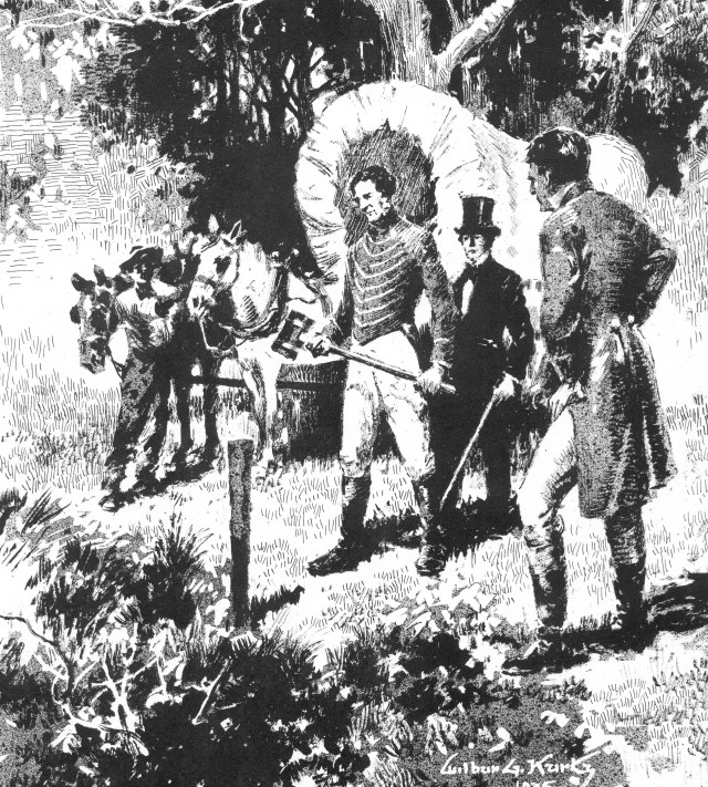 Long driving a stake into the ground at the southern end of Stephen Long marking the terminus of the W&amp;A 1837